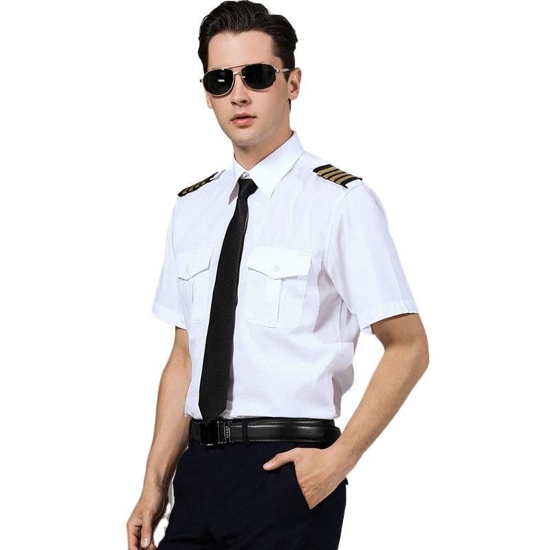 Wedding Job - 夏空軍制服半袖白シャツパイロットセキュリティ作業服衣装メンズカジュアルスタイルスクエアカラーワークシャツ