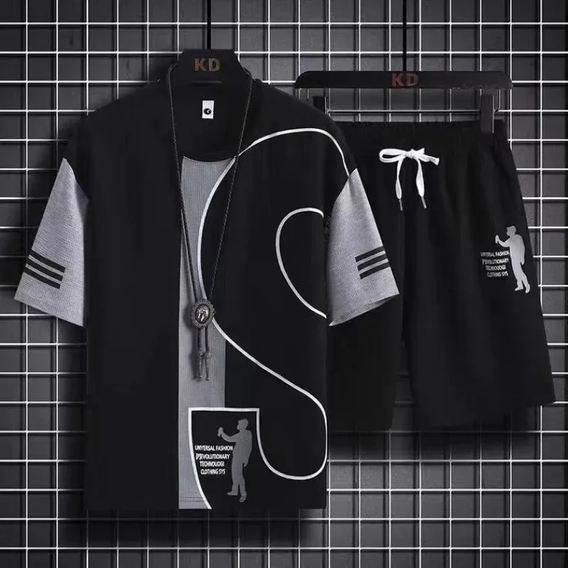 Wedding Job - メンズ2ピースワッフルウェアセット,Tシャツ,ショートセット,グラフィックスポーツスーツ,プリント作業服,トレンディなレギュラーフィット,ベーシックフィット
