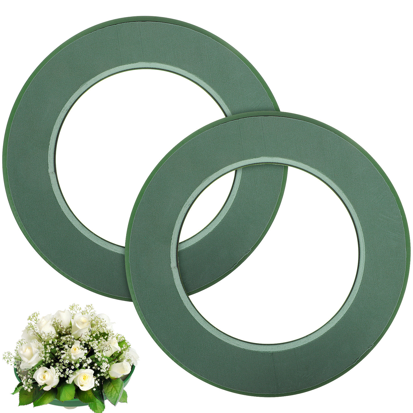 Wedding Floral Supply - 2個入りグリーンフローラルフォームリング ウェットフォームブロック 吸盤付き ウェディングカー フラワーアレンジメント用 フラワーリング