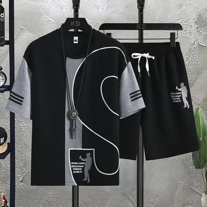 メンズ2ピースワッフルウェアセット,Tシャツ,ショートセット - Wedding Job のレビューと価格